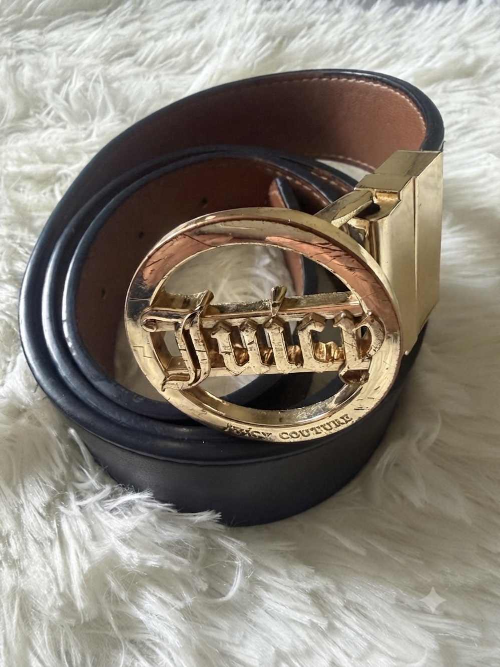 Juicy Couture Black Leather Belt with Gold Logo Circle Buckle
